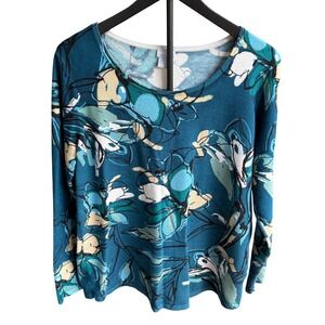 Chicos Teal Blue Floral Long Sleeve Knit Sweater Top Womens Size 2 Large L